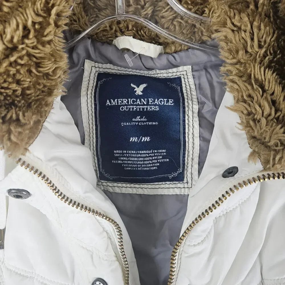 American Eagle Y2K Puffer Vest Faux Fur Hood Cream White Zip Snap Jacket Women M - Picture 4 of 9